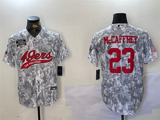 Men's San Francisco 49ers #23 Christian McCaffrey 2024 Arctic Camo Salute to Service Stitched Baseball Jersey